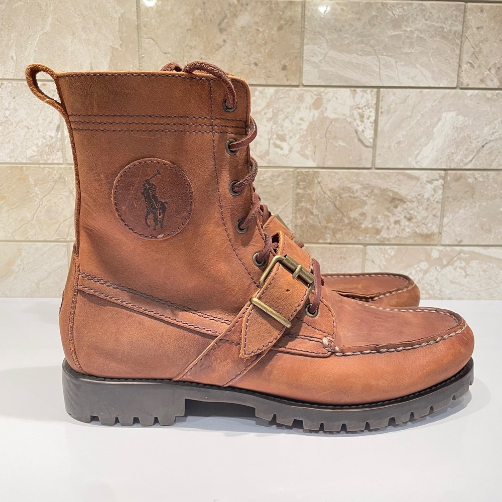 Polo Ralph Lauren Ranger Tan Leather Buckle Moc Toe Combat Boots 8D 812088995